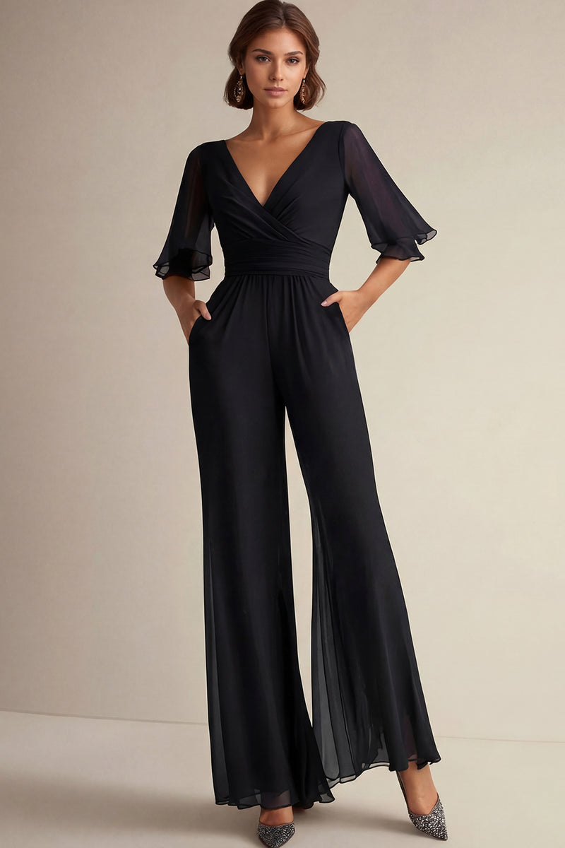 Laden Sie das Bild in den Galerie-Viewer, Marineblaue Chiffon Overalls für die Brautmutter mit V-Ausschnitt und halben Ärmeln