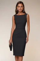 Laden Sie das Bild in den Galerie-Viewer, Elfenbeinfarbener Bodycon Bateau-Ausschnitt Midi-Arbeitskleid mit ärmellosem Kleid