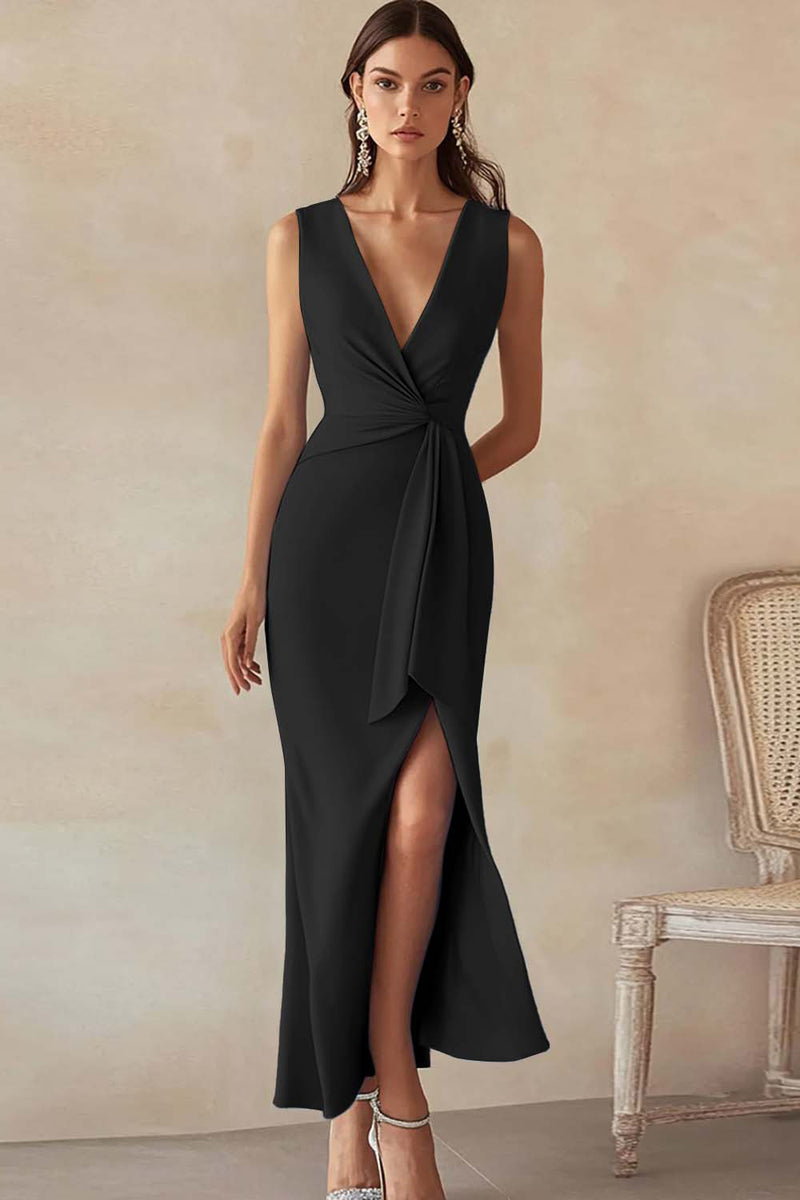 Laden Sie das Bild in den Galerie-Viewer, Himmelblaues Langes Arbeitskleid aus Satin mit V-Ausschnitt und Schlitz