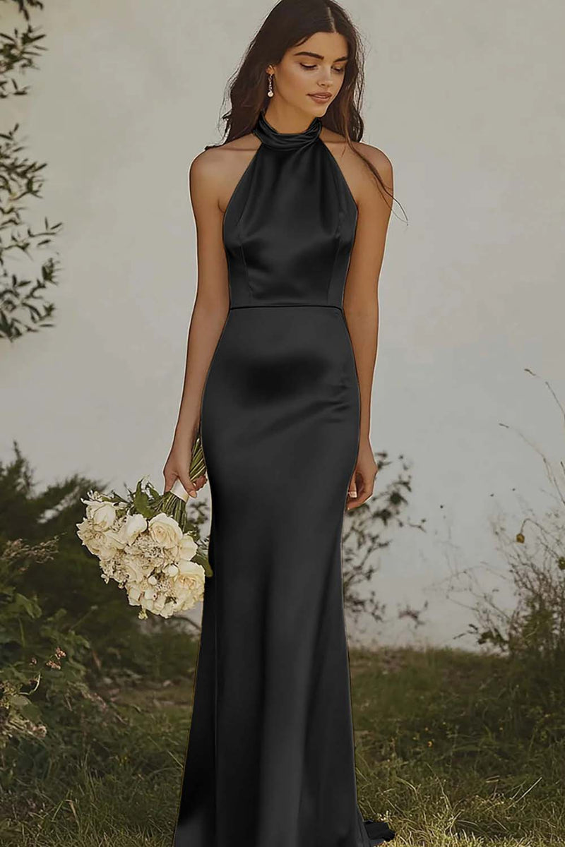 Laden Sie das Bild in den Galerie-Viewer, Hellgelbes Neckholder Meerjungfrau Satin Brautjungfernkleid