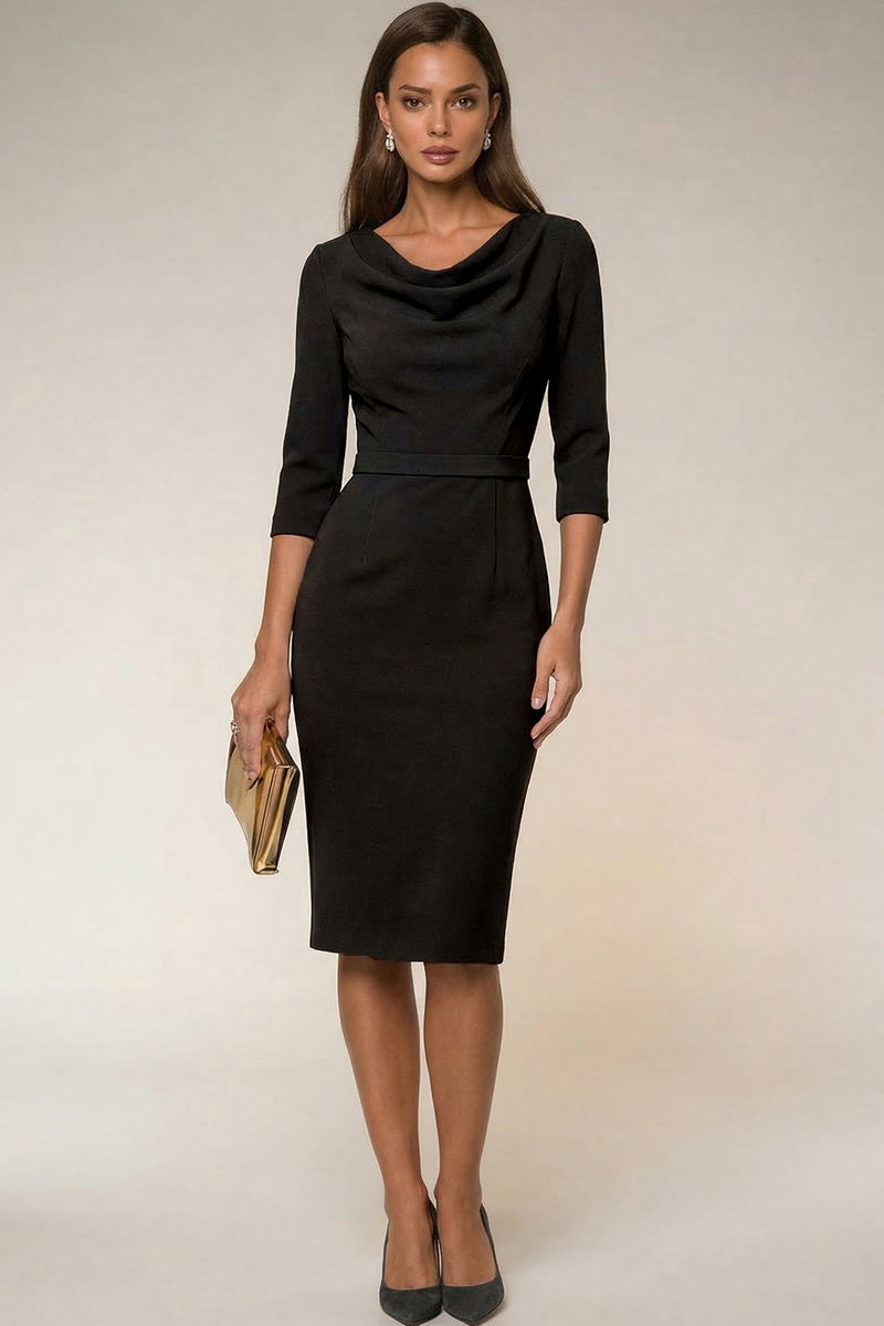 Laden Sie das Bild in den Galerie-Viewer, Cowl Neck Navy Bodycon 3/4 Ärmel Midi Arbeitskleid mit Schlitz