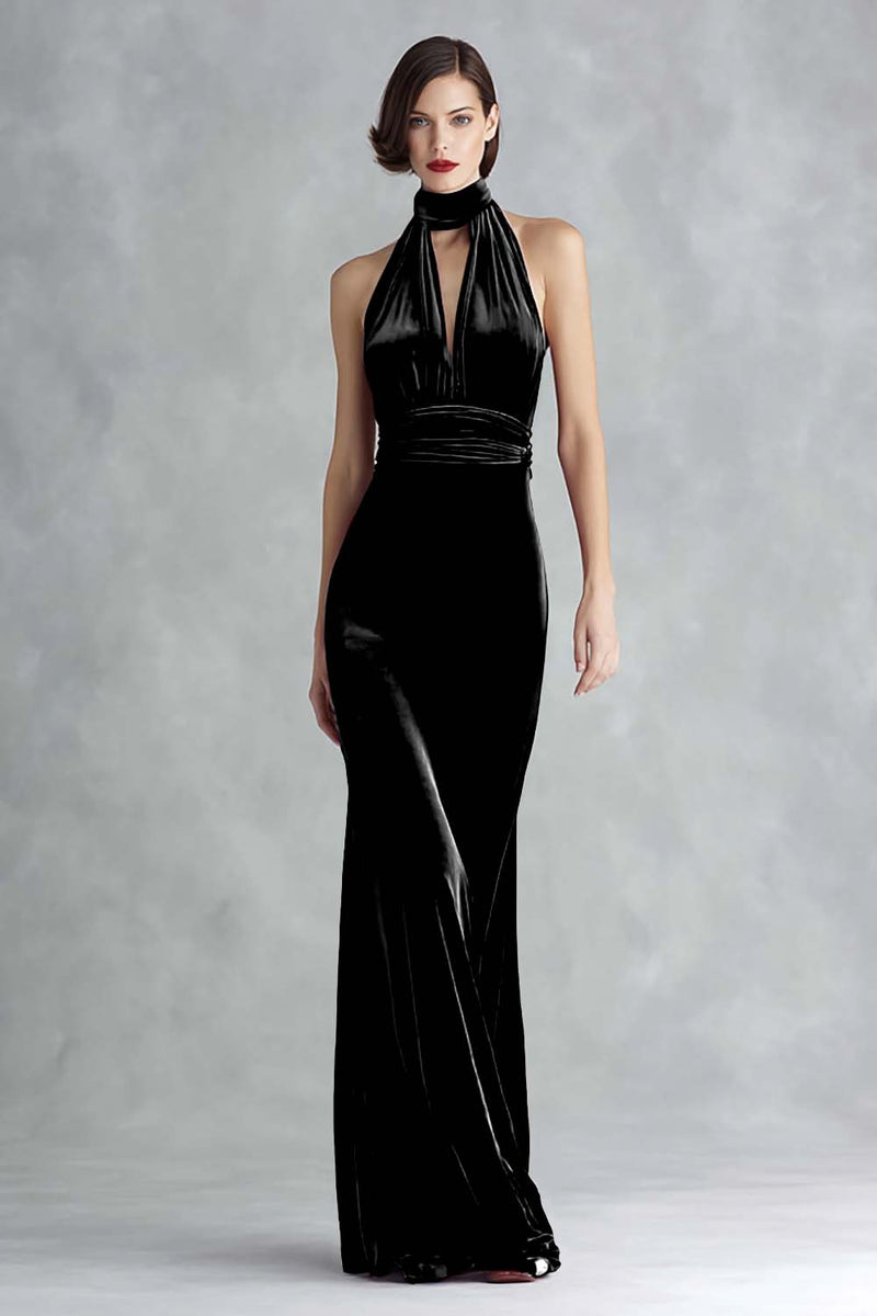 Laden Sie das Bild in den Galerie-Viewer, Burgunderrotes Samt Neckholder Schlüsselloch Langes Ballkleid