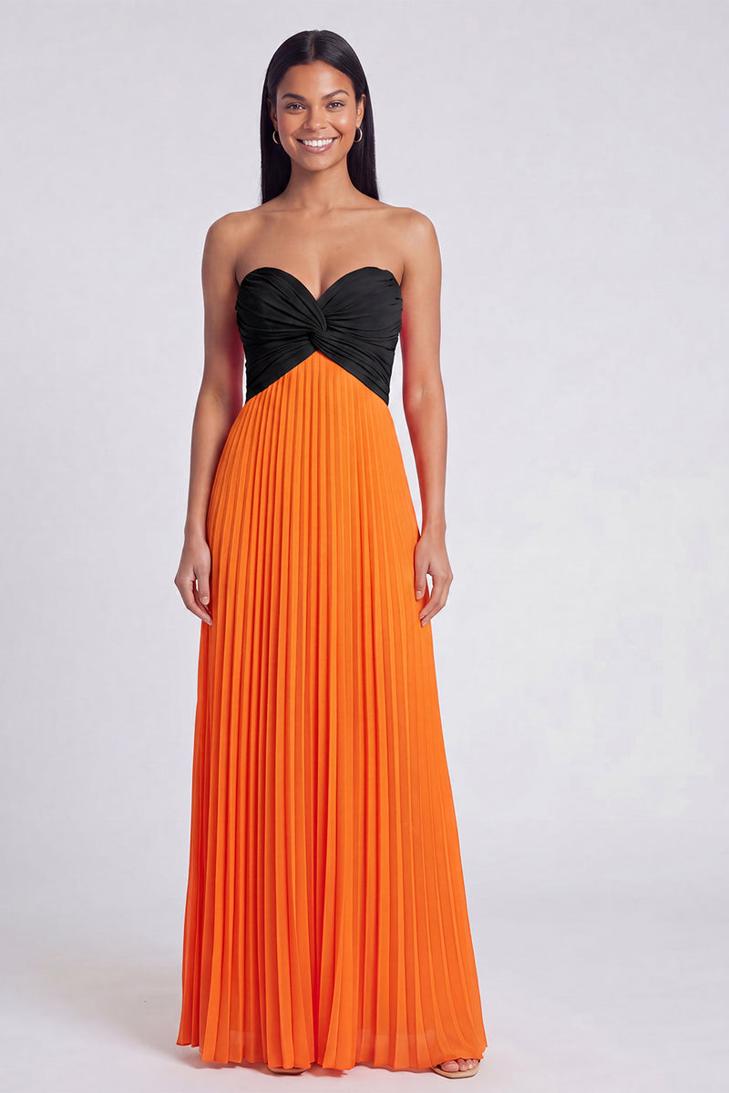 Laden Sie das Bild in den Galerie-Viewer, A-Linie Rosa und Orange Sweetheart Plissiertes Maxikleid mit Schleife