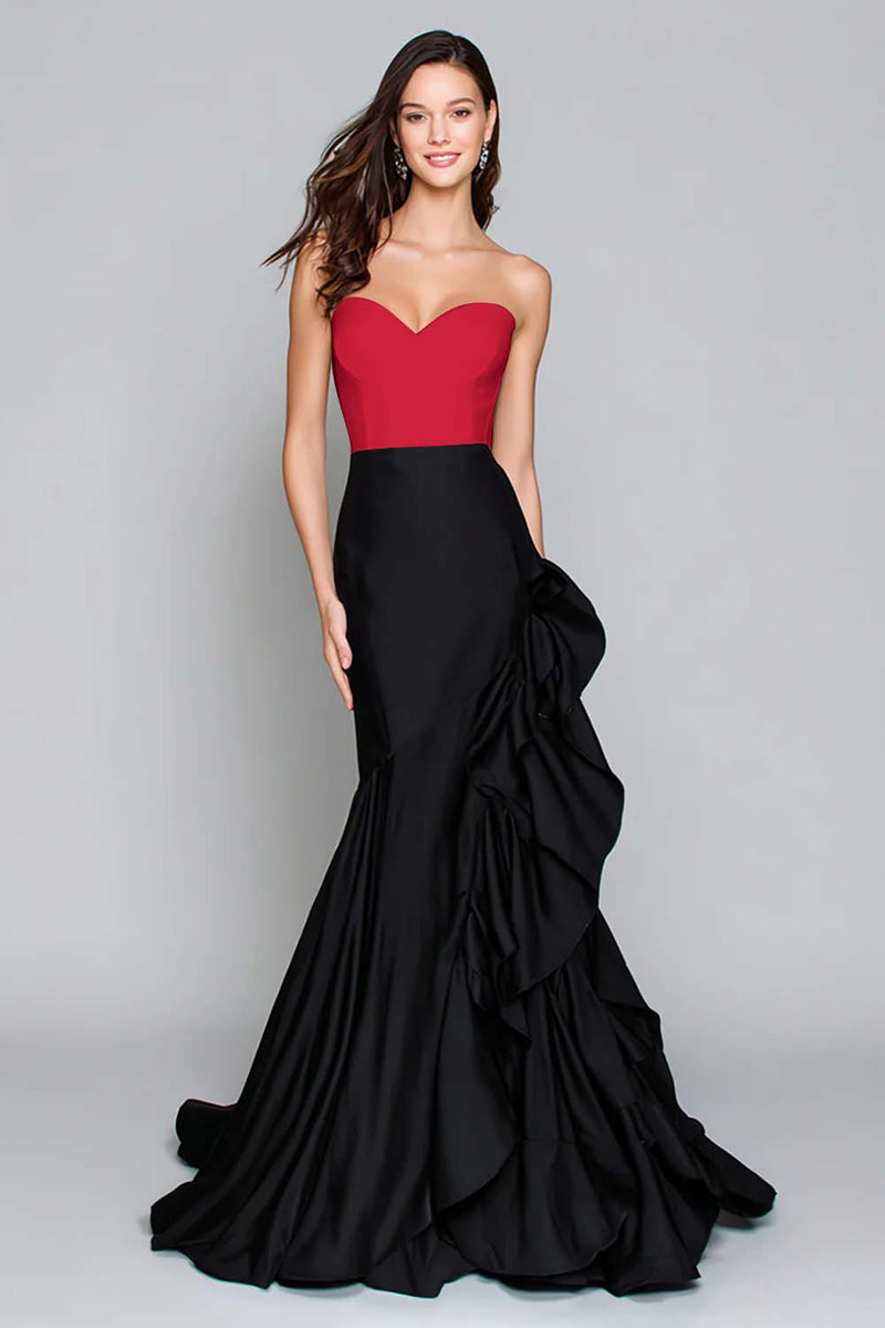 Laden Sie das Bild in den Galerie-Viewer, Schwarz-weißes Meerjungfrau Herzausschnitt Ballkleid mit Rüschen