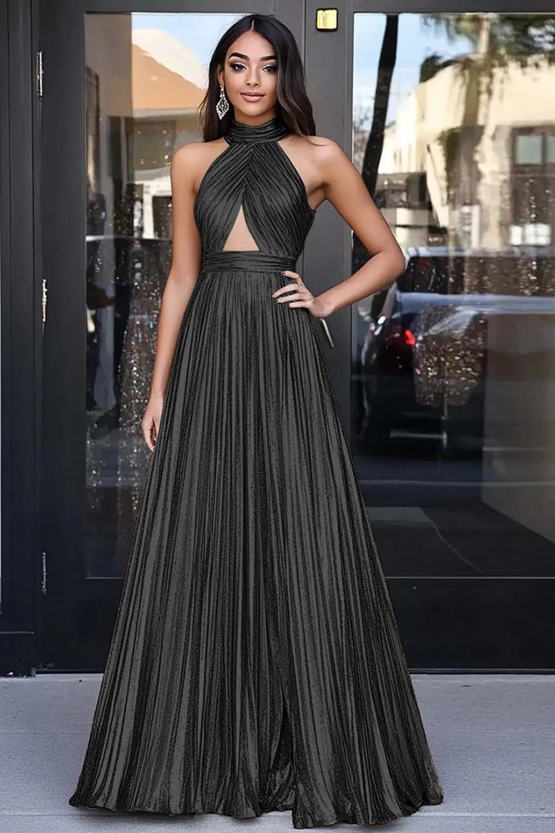 Laden Sie das Bild in den Galerie-Viewer, Goldenes Langes A-Linie Neckholder Metallic Ballkleid mit Falten