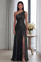 Laden Sie das Bild in den Galerie-Viewer, Golden Einschulteriges Falten Langes Festkleid mit Schlitz