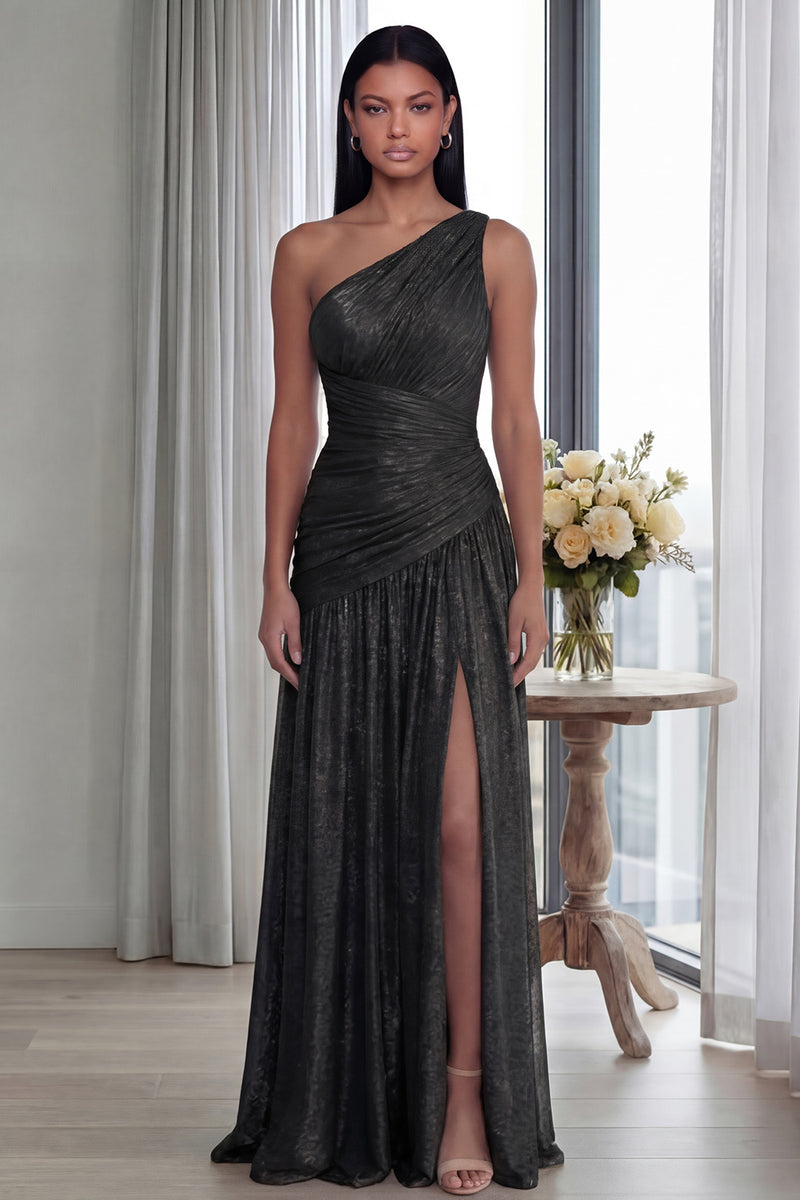 Laden Sie das Bild in den Galerie-Viewer, Golden Einschulteriges Falten Langes Festkleid mit Schlitz