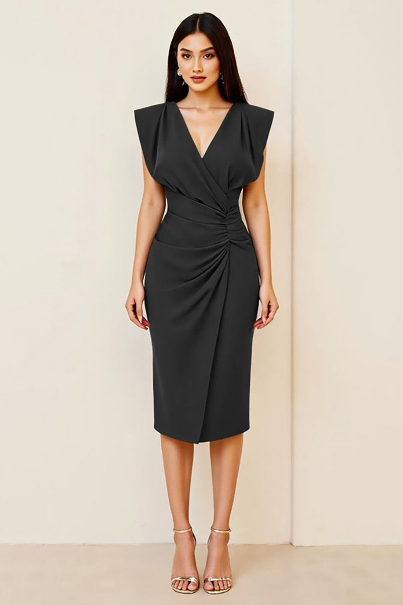 Laden Sie das Bild in den Galerie-Viewer, Olive Figurbetontes Midi Partykleid mit Rüschen und V-Ausschnitt