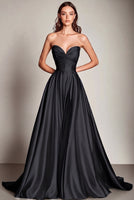 Laden Sie das Bild in den Galerie-Viewer, Marineblaues Herzausschnitt A-Linie Satin Langes Ballkleid