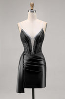 Laden Sie das Bild in den Galerie-Viewer, Marineblaues Satin Korsett Cocktailkleid mit Perlen und Schärpe