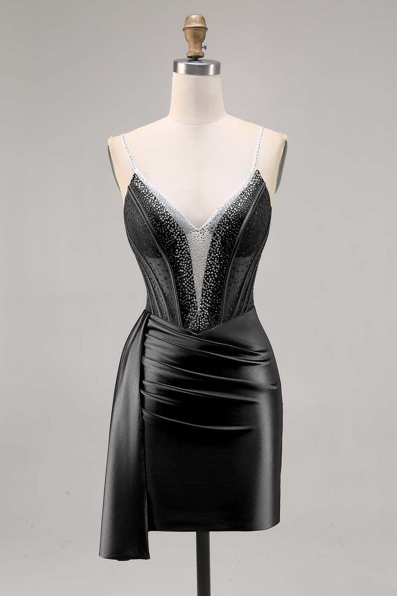 Laden Sie das Bild in den Galerie-Viewer, Marineblaues Satin Korsett Cocktailkleid mit Perlen und Schärpe