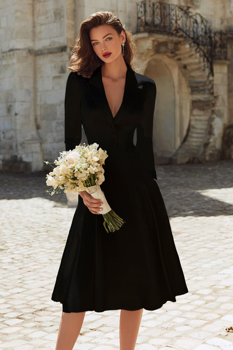 Laden Sie das Bild in den Galerie-Viewer, Elfenbein Midi A-Linie Satin Revers Standesamtkleid in A-Linie