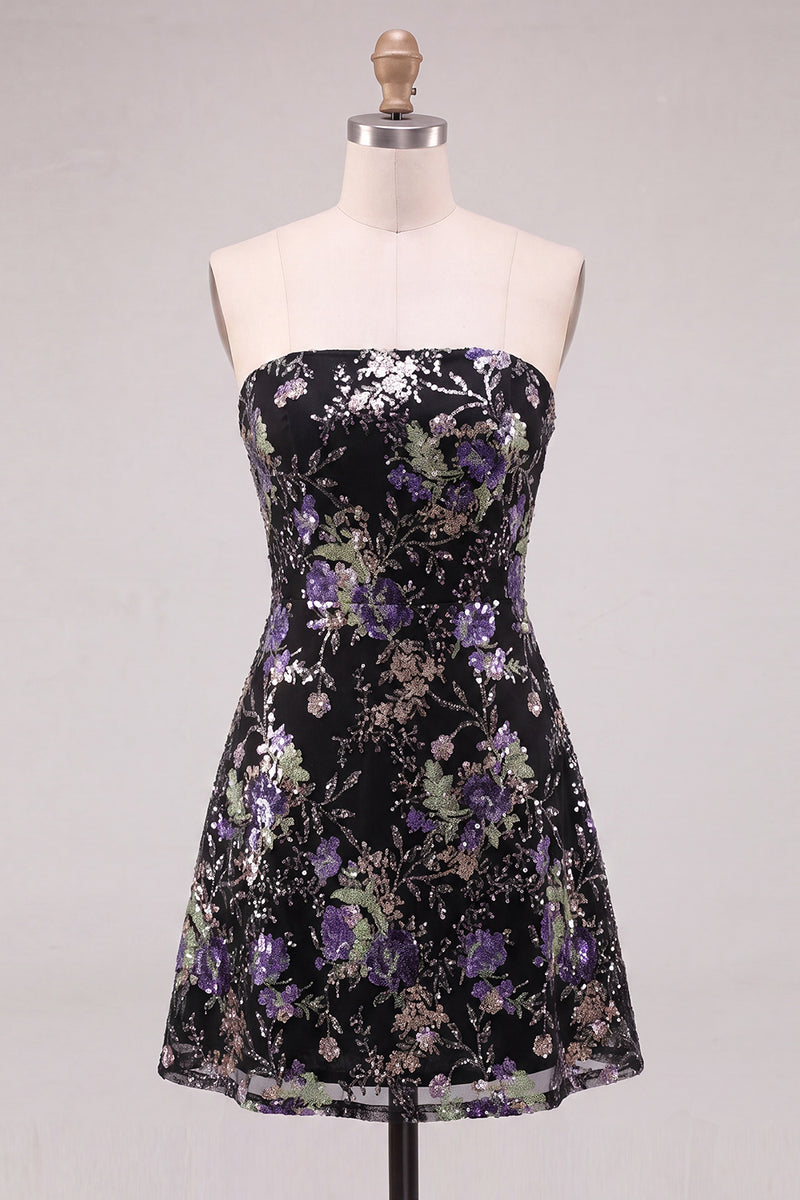 Laden Sie das Bild in den Galerie-Viewer, Trägerloses Rosa A-Linie Blumen Pailletten Kurzes Abendkleid