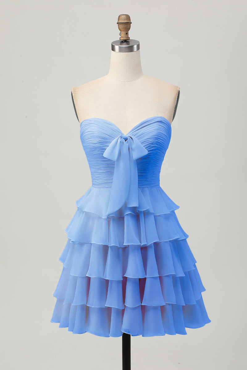 Laden Sie das Bild in den Galerie-Viewer, Gelbes Trägerloses A-Linie Stufen Cocktailkleid mit Schleife