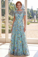 Laden Sie das Bild in den Galerie-Viewer, A-Linie grüner Tüll-Bateau-Hals mit stickendem Mutter-der-Braut-Kleid