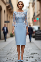 Laden Sie das Bild in den Galerie-Viewer, Hellblaues Bateau-Ausschnitt Bodycon Midi Mutter-der-Braut-Kleid mit 3/4-Ärmeln