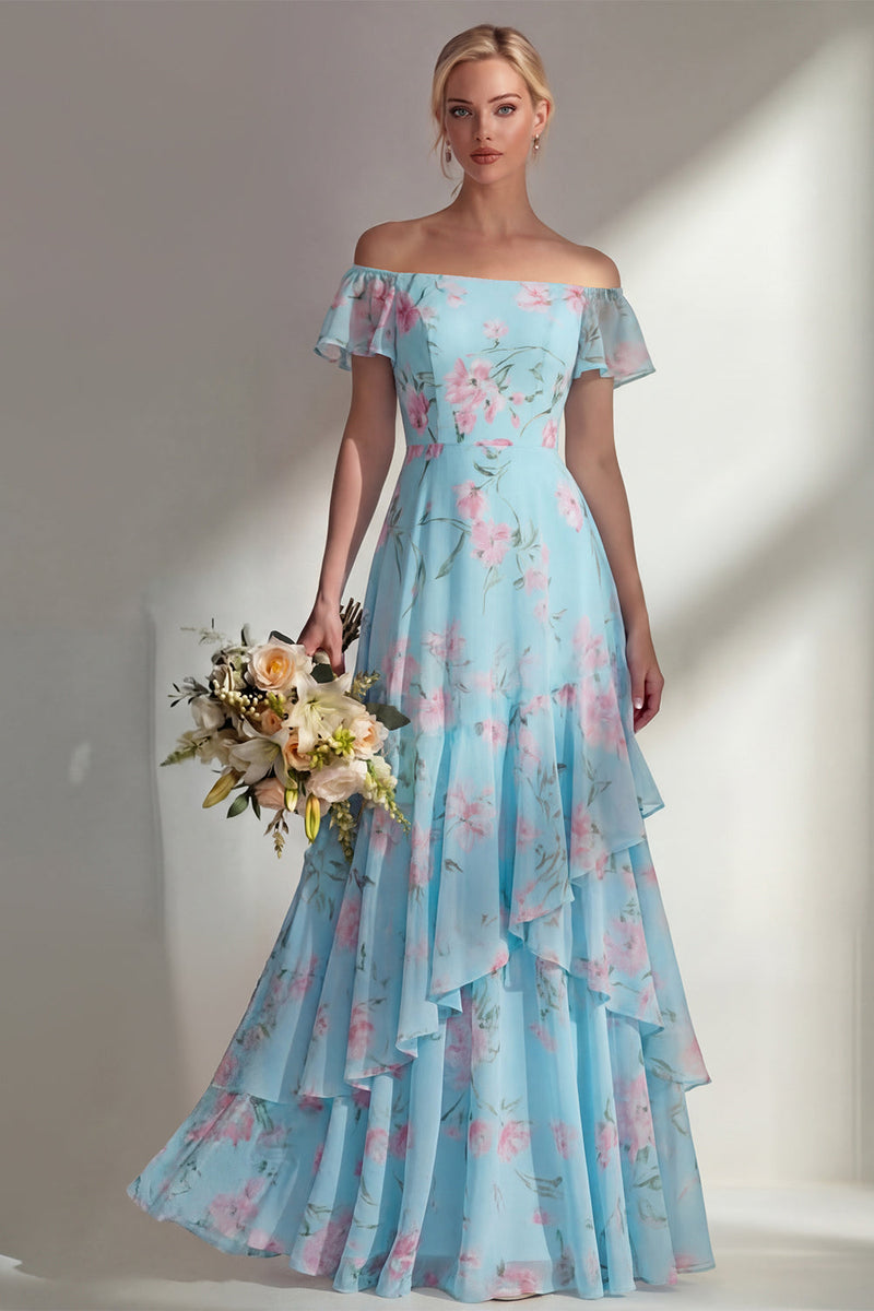 Laden Sie das Bild in den Galerie-Viewer, Grünes langes Brautjungfernkleid mit A-Linien-Chiffon mit Off-the-shoulder-Muster und Rüschen