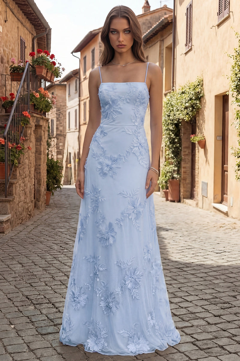 Laden Sie das Bild in den Galerie-Viewer, Gelbes A-Linie Spaghetti-Träger Rückenschnürung Langes Abschlussballkleid mit Blumenstickerei