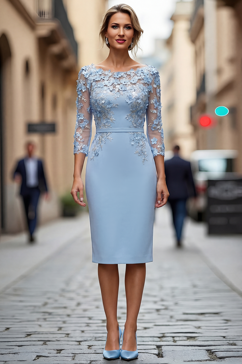 Laden Sie das Bild in den Galerie-Viewer, Hellblaues Bateau-Ausschnitt Bodycon Midi Mutter-der-Braut-Kleid mit 3/4-Ärmeln