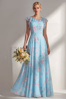 Laden Sie das Bild in den Galerie-Viewer, Ein langes Brautjungfernkleid mit blauem Chiffonmuster und Rüschen