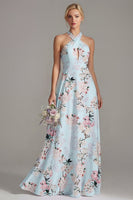 Laden Sie das Bild in den Galerie-Viewer, Pinkes A-Linien-Halterhals-Floral-Langbrautjungfernkleid