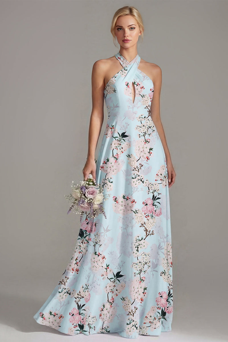Laden Sie das Bild in den Galerie-Viewer, Pinkes A-Linien-Halterhals-Floral-Langbrautjungfernkleid