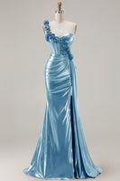 Laden Sie das Bild in den Galerie-Viewer, Metallisches Burgunderrotes Meerjungfrauen Langes Ballkleid mit seitlichem Schlitz und 3D-Blumen