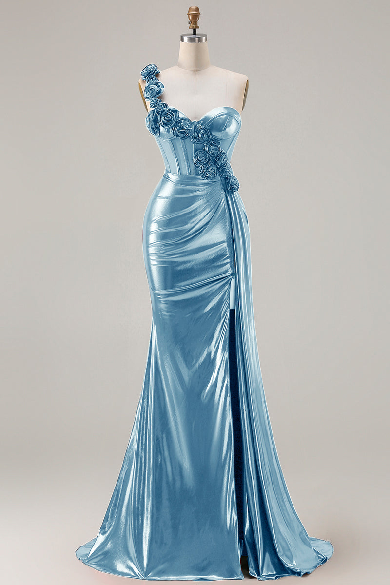 Laden Sie das Bild in den Galerie-Viewer, Metallisches Burgunderrotes Meerjungfrauen Langes Ballkleid mit seitlichem Schlitz und 3D-Blumen