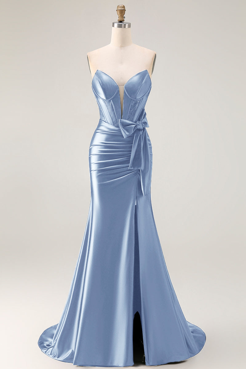 Laden Sie das Bild in den Galerie-Viewer, Marineblaues Meerjungfrau Trägerloses Perlenbesetztes Korsett Abendkleid mit Rüschen und Schleife