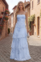 Laden Sie das Bild in den Galerie-Viewer, Gelbes A-Linie Langes Gestuftes Abschlussballkleid mit Spaghettiträger und floraler Stickerei