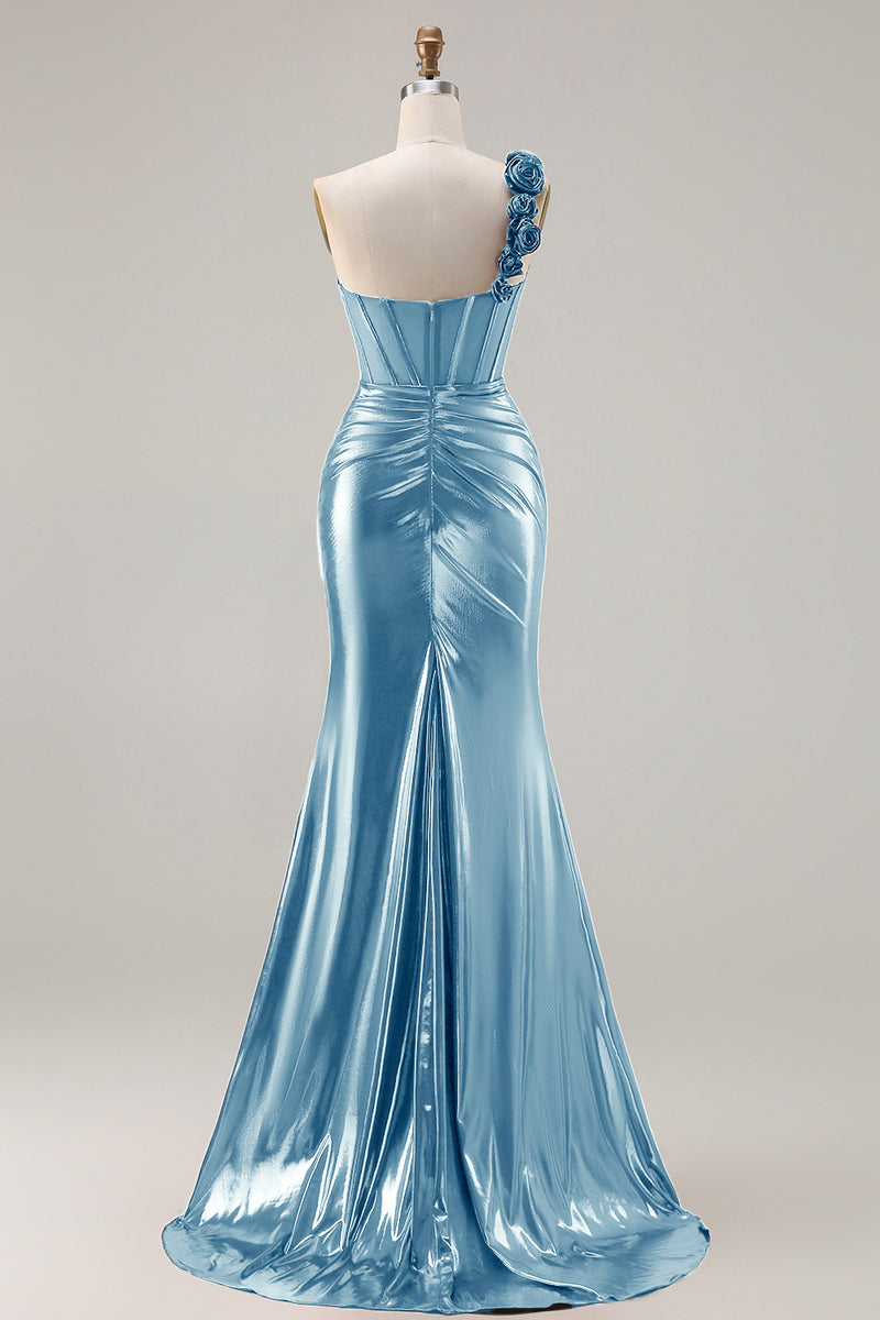 Laden Sie das Bild in den Galerie-Viewer, Metallisches Burgunderrotes Meerjungfrauen Langes Ballkleid mit seitlichem Schlitz und 3D-Blumen
