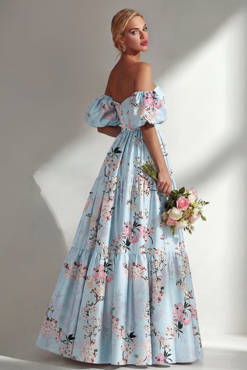 Laden Sie das Bild in den Galerie-Viewer, A-Linie pinkes, trägerloses, geblümtes Langbrautjungfernkleid mit Puffärmeln