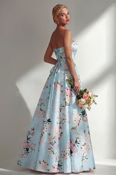 Blumenblaues, trägerloses, bedrucktes langes Brautjungfernkleid mit A-Linie