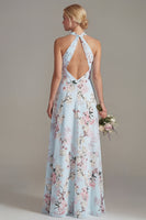 Laden Sie das Bild in den Galerie-Viewer, Pinkes A-Linien-Halterhals-Floral-Langbrautjungfernkleid