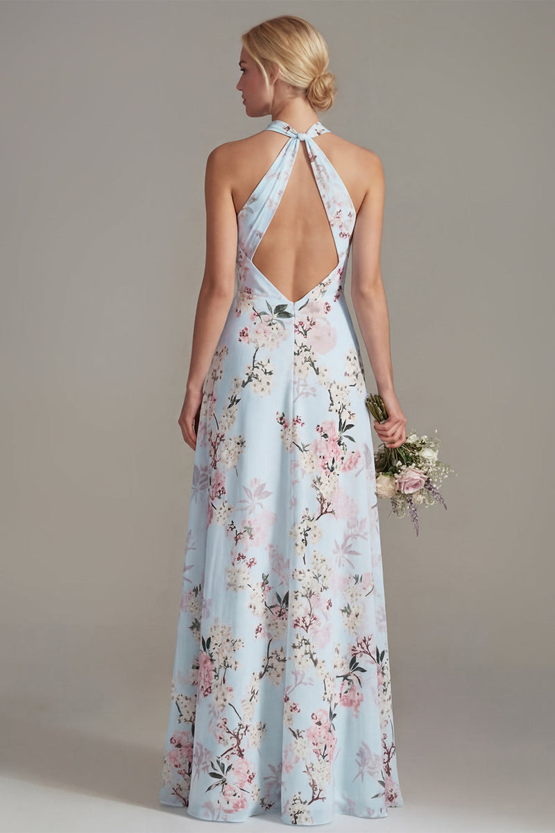 Laden Sie das Bild in den Galerie-Viewer, Pinkes A-Linien-Halterhals-Floral-Langbrautjungfernkleid