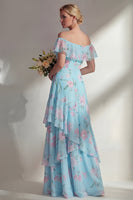 Laden Sie das Bild in den Galerie-Viewer, Grünes langes Brautjungfernkleid mit A-Linien-Chiffon mit Off-the-shoulder-Muster und Rüschen