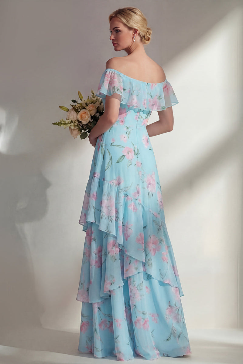 Laden Sie das Bild in den Galerie-Viewer, Grünes langes Brautjungfernkleid mit A-Linien-Chiffon mit Off-the-shoulder-Muster und Rüschen
