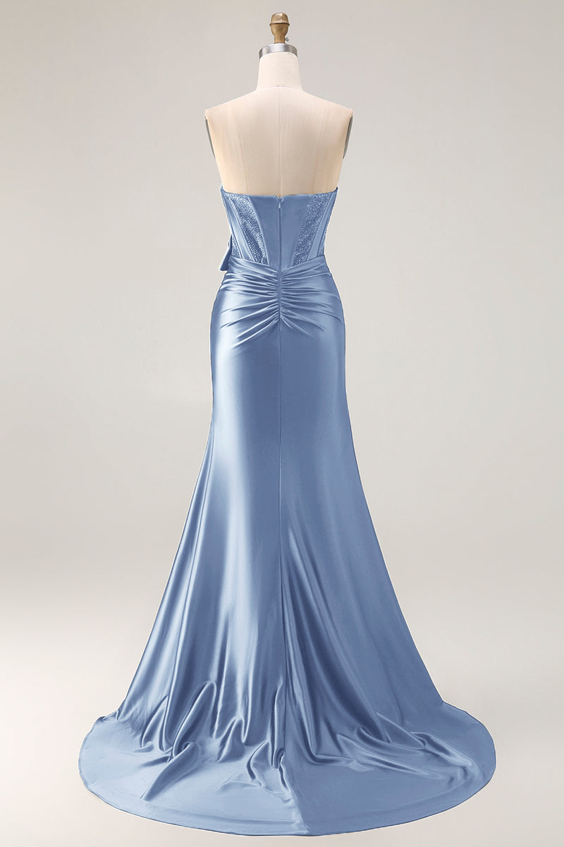 Laden Sie das Bild in den Galerie-Viewer, Marineblaues Meerjungfrau Trägerloses Perlenbesetztes Korsett Abendkleid mit Rüschen und Schleife