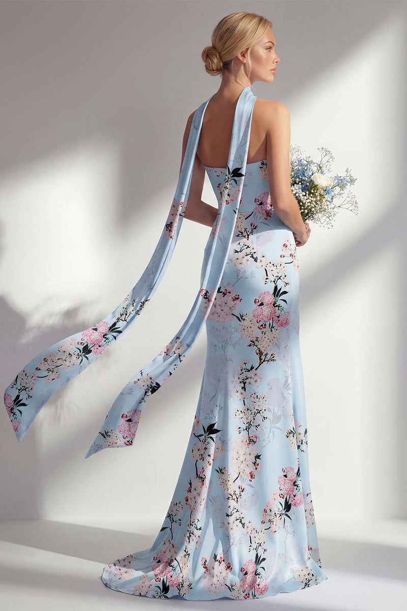 Laden Sie das Bild in den Galerie-Viewer, Meerjungfrauenrosa trägerloses, mit Blumenmuster langes Brautjungfernkleid mit Schlitz