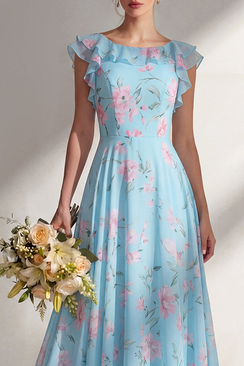 Laden Sie das Bild in den Galerie-Viewer, Ein langes Brautjungfernkleid mit blauem Chiffonmuster und Rüschen