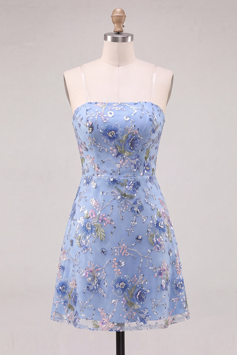 Laden Sie das Bild in den Galerie-Viewer, Trägerloses Rosa A-Linie Blumen Pailletten Kurzes Abendkleid