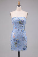 Laden Sie das Bild in den Galerie-Viewer, Rosa Bodycon Trägerloses Blumen Pailletten Kurzes Abendkleid