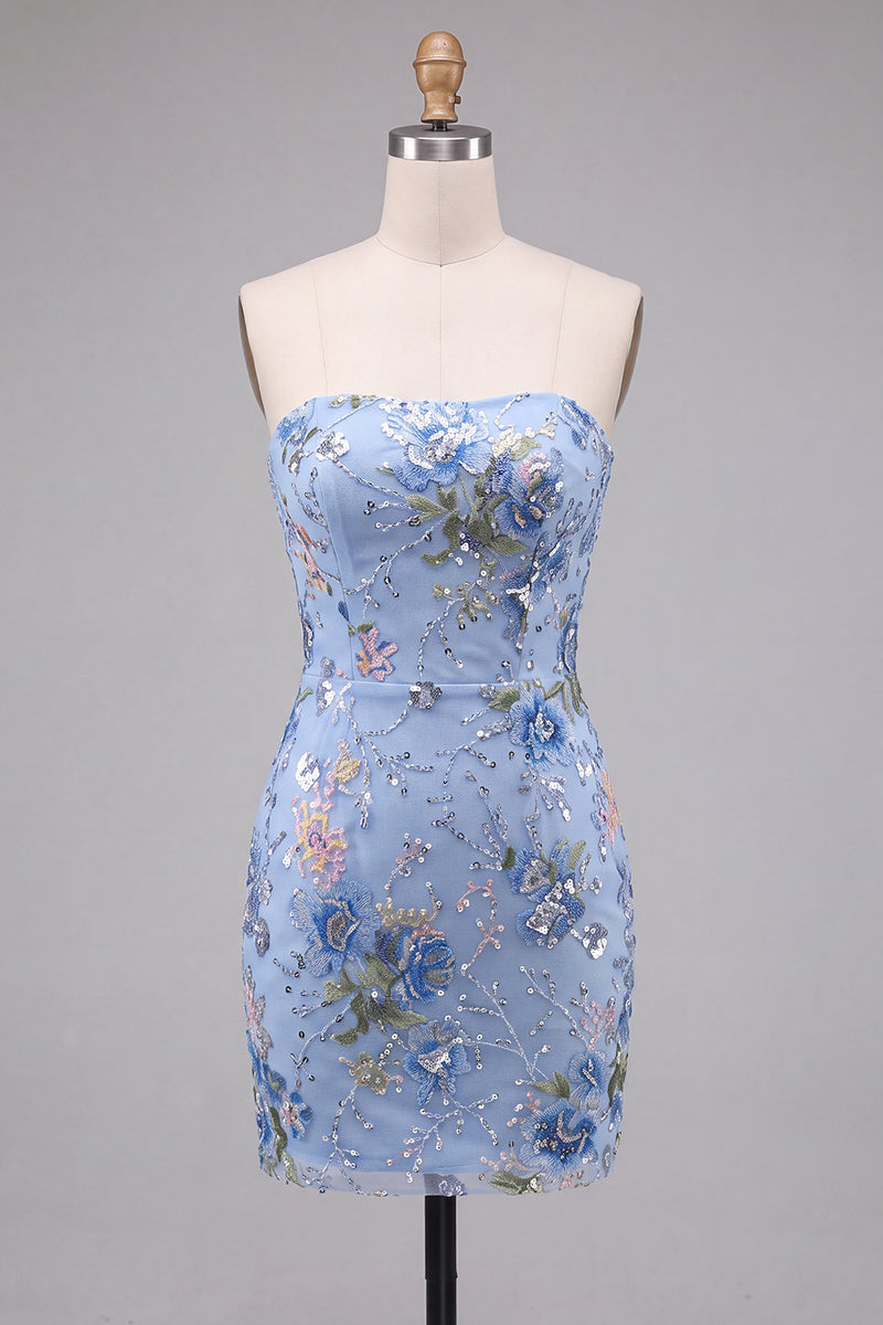 Laden Sie das Bild in den Galerie-Viewer, Rosa Bodycon Trägerloses Blumen Pailletten Kurzes Abendkleid