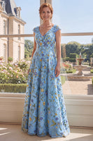 Laden Sie das Bild in den Galerie-Viewer, Grünes A-Linien-Tüll-Stickerei mit V-Ausschnitt langes Mutter-der-Braut-Kleid