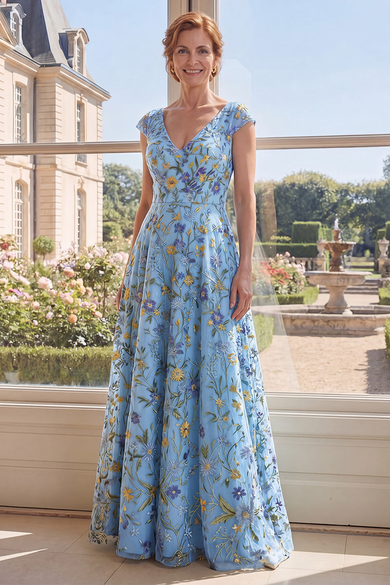Laden Sie das Bild in den Galerie-Viewer, Grünes A-Linien-Tüll-Stickerei mit V-Ausschnitt langes Mutter-der-Braut-Kleid