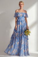 Laden Sie das Bild in den Galerie-Viewer, A-linienförmiges, gelbes, pinkes Chiffon-Chiffon-Brautjungfernkleid mit Rüschen