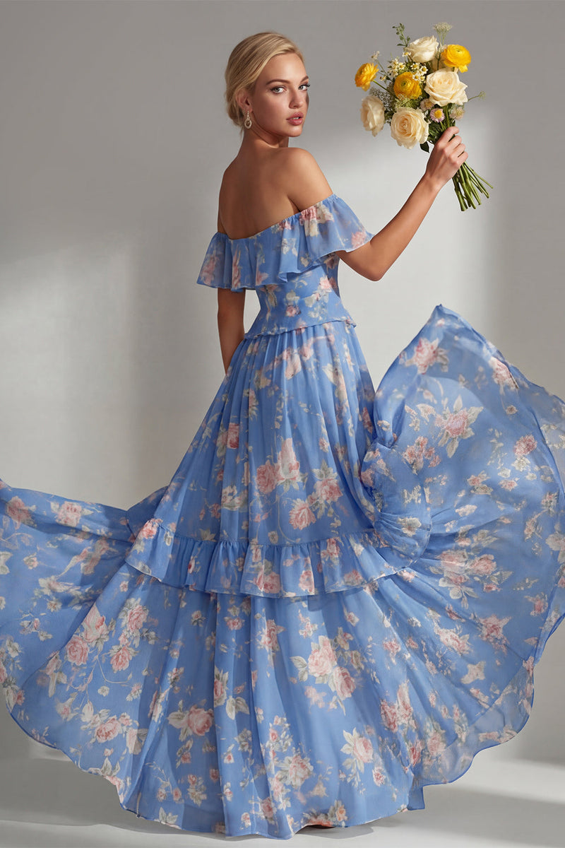 Laden Sie das Bild in den Galerie-Viewer, A-linienförmiges, gelbes, pinkes Chiffon-Chiffon-Brautjungfernkleid mit Rüschen
