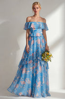 Laden Sie das Bild in den Galerie-Viewer, A-linienförmiges, gelbes, pinkes Chiffon-Chiffon-Brautjungfernkleid mit Rüschen
