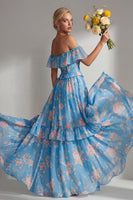 Laden Sie das Bild in den Galerie-Viewer, A-linienförmiges, gelbes, pinkes Chiffon-Chiffon-Brautjungfernkleid mit Rüschen