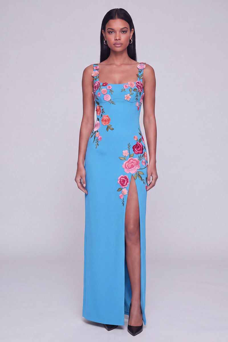 Laden Sie das Bild in den Galerie-Viewer, Schwarzes Florales Quadrathals Scheiden Langes Festliches Kleid mit Schlitz